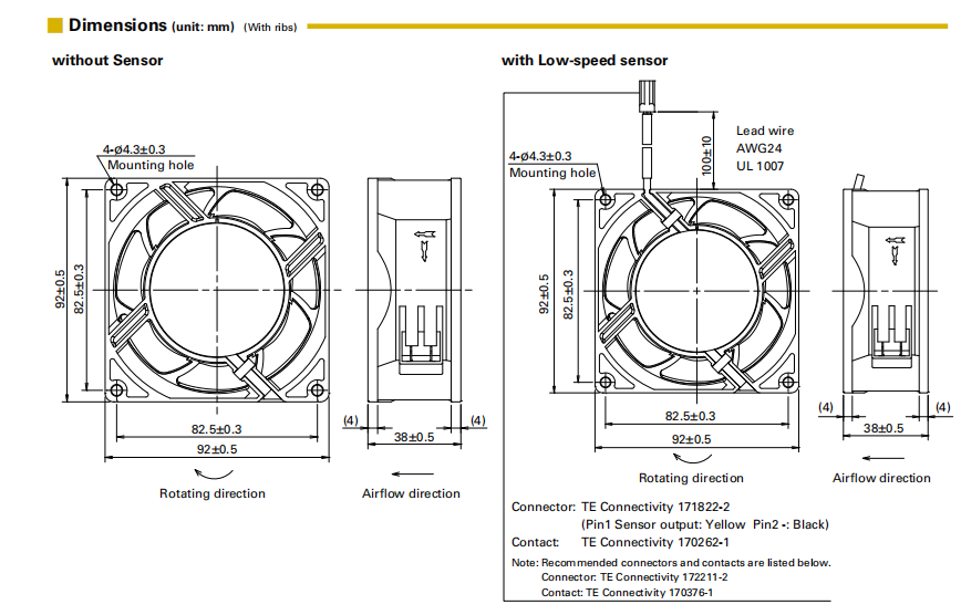 山洋ACDC轴流风扇 9AD0901H12 产品尺寸图： 