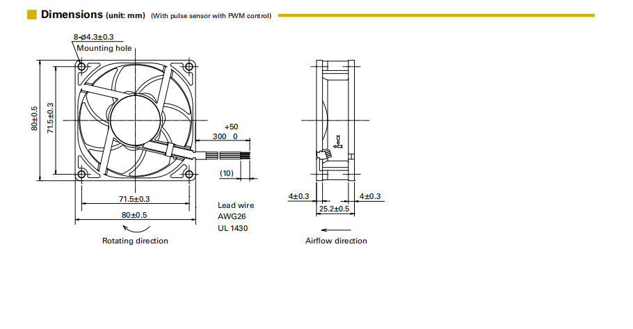 山洋长寿命轴流风扇 9LG0812L4001 产品尺寸图： 